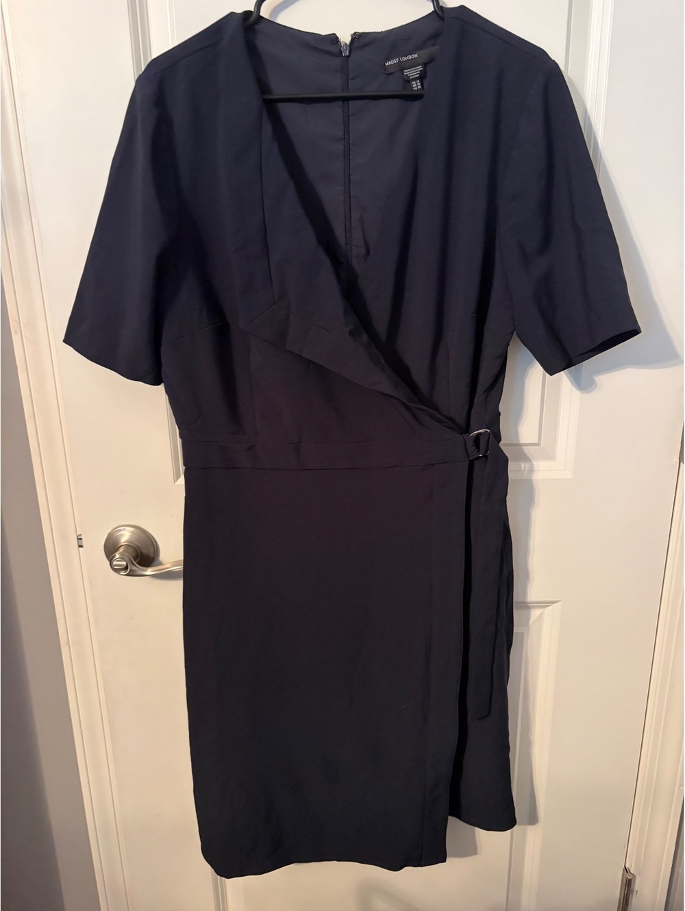 Maggie London Navy Blue Wrap Dress with Buckle Detail